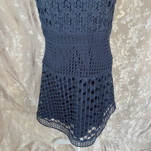 Ann Taylor Navy Blue Laser Cut Out Lace Overlay Formal A Line Dress Size 6 - Picture 3 of 8